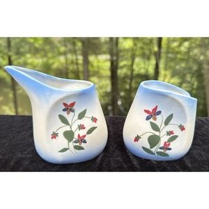 Vtg 1969 Art Deco Blue Flower Signed Susie Miniature Cream & Sugar -S42